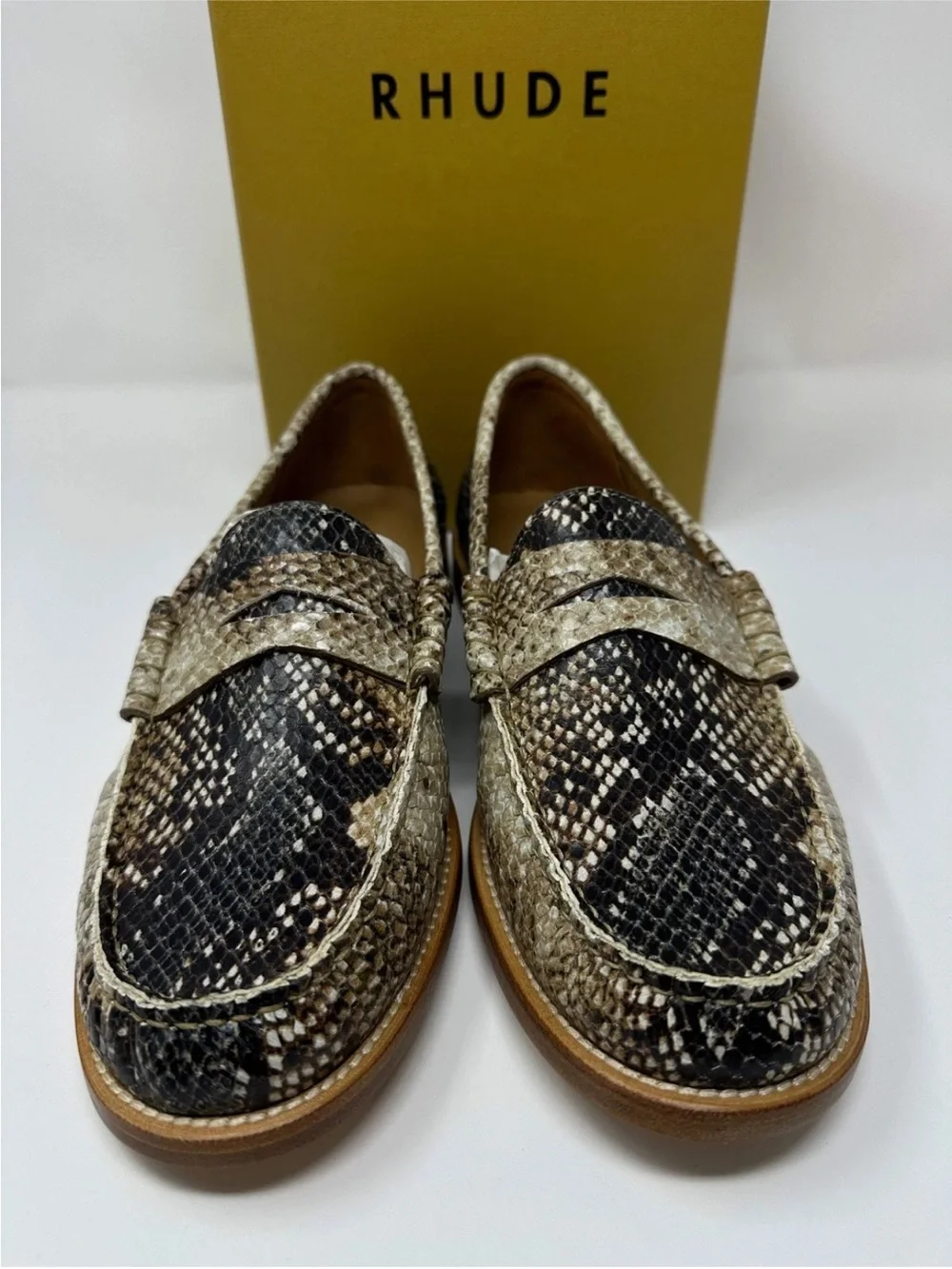 Rhude Beige and Black Snake-Print Leather Penny Loafers (Size 10M)